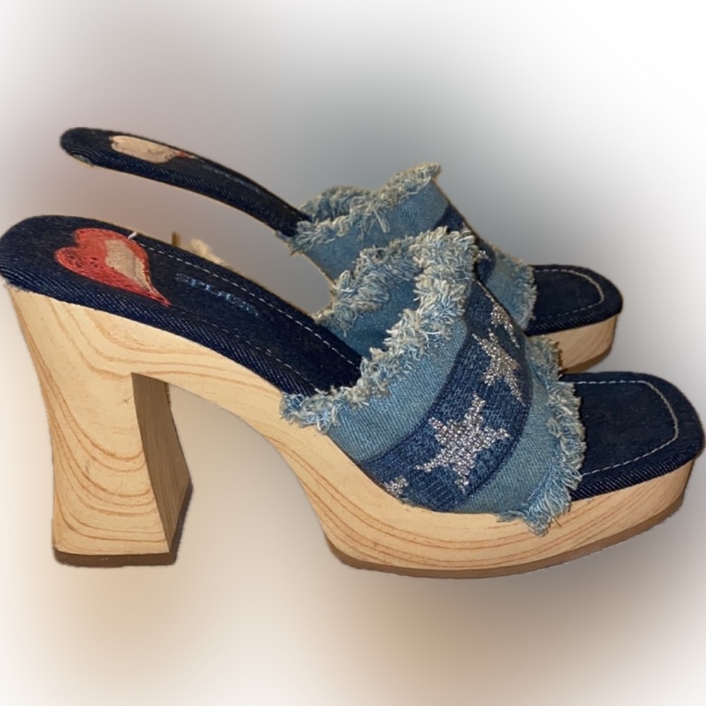 Splash Y2K Wooden Chunky 90’s heels stars USA AMERICAN square toed slide shoes